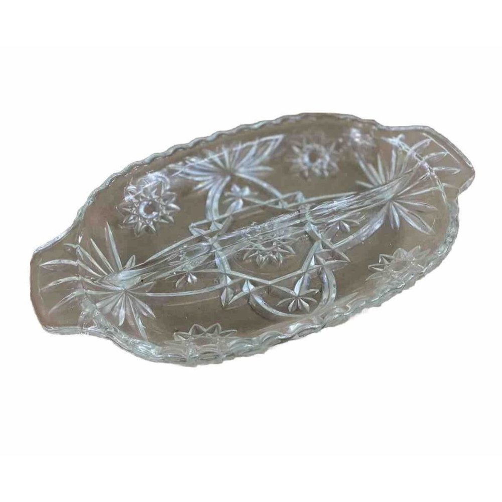 Anchor Hocking Cut Glass Star of David Divided Oval Relish Nut Dish EAPG